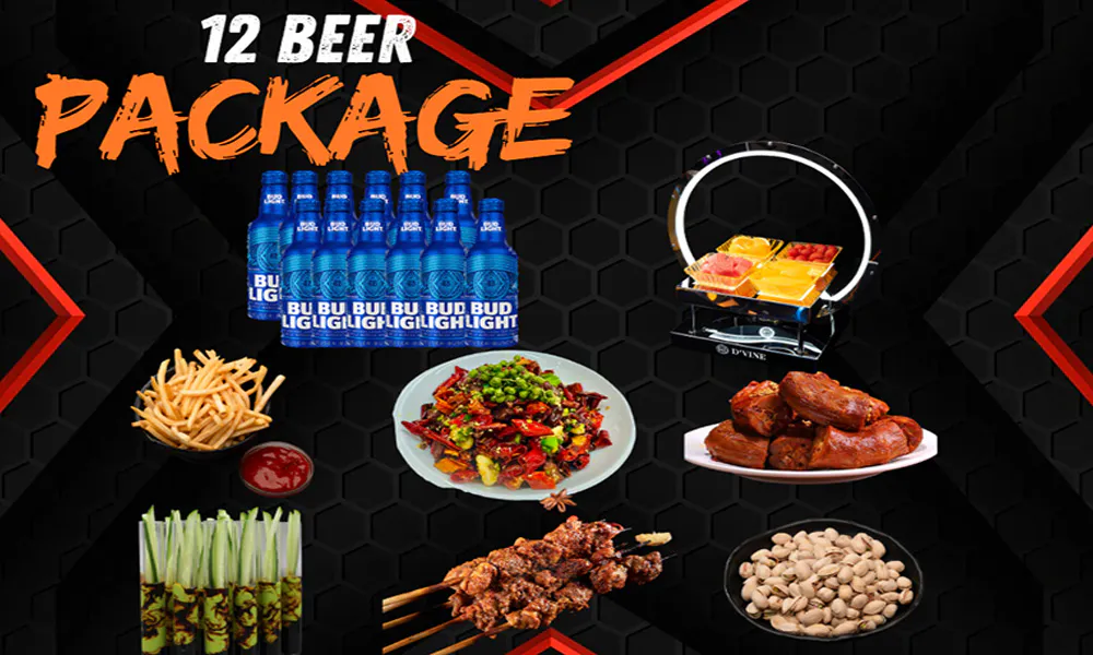 Black honeycomb poster for 12 beer package, twelve Bud Light bottles, spicy stir-fry, grilled skewers, braised meat, fries, pistachios and lit fruit platter