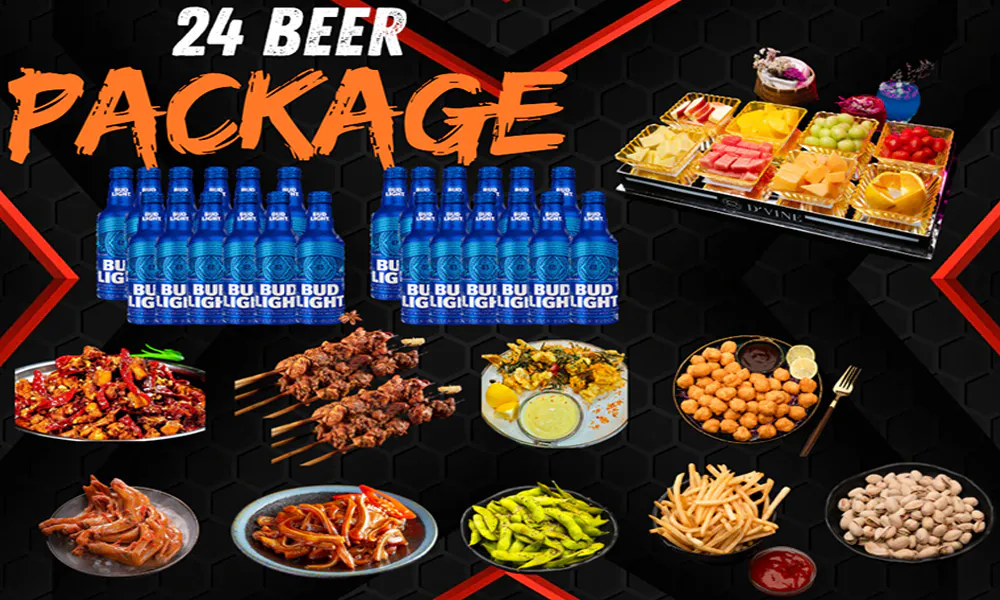 Black honeycomb poster for 24 beer package, twenty-four Bud Light bottles, spicy dishes, skewers, braised food, edamame, fries, nuts and luxury lit fruit platter
