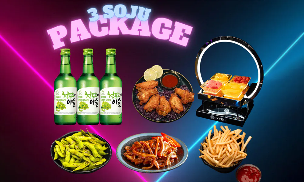 Neon themed poster for 3 soju package, 3 bottles of green grape Jinro soju with fried chicken, edamame, pork ears, fries and fruit platter, text "3 SOJU PACKAGE"