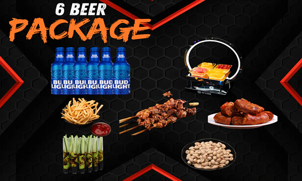 Black honeycomb poster for 6 beer package, six Bud Light bottles, served with grilled skewers, braised food, fries, pistachios and lit fruit platter