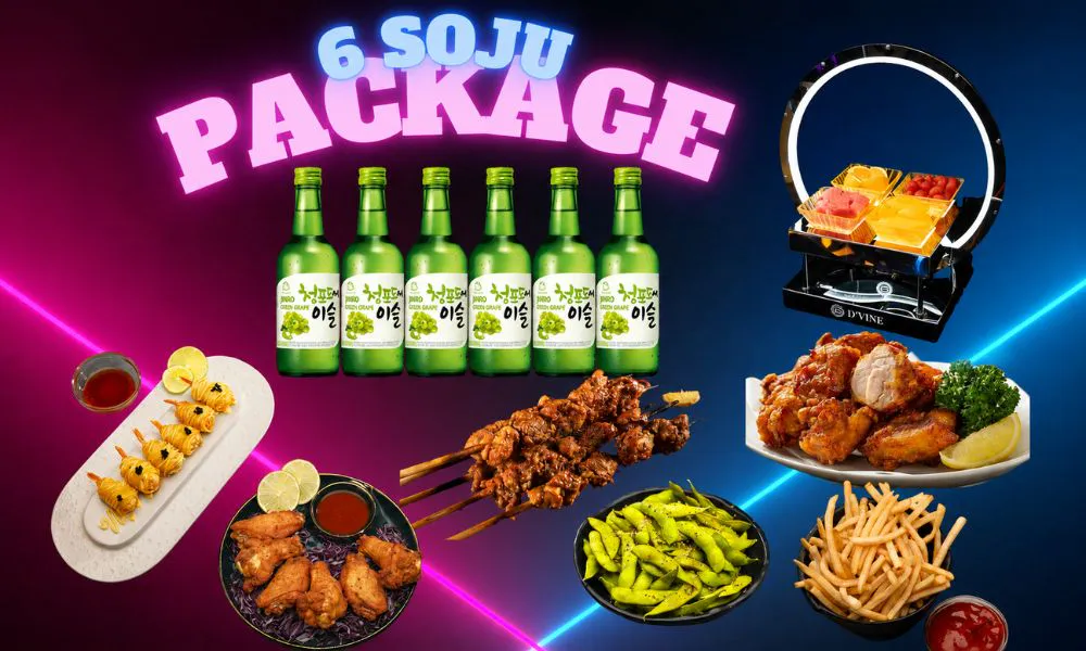 Neon purple-blue poster for 6 soju package, six Jinro green grape soju bottles, fried chicken, meat skewers, edamame and glowing fruit tray